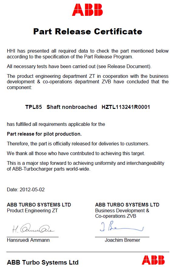 ABB TPL85 Certificate