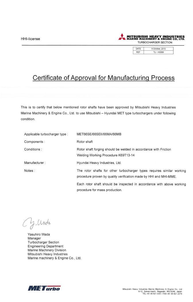 MET66 Rotor Shaft Certificate